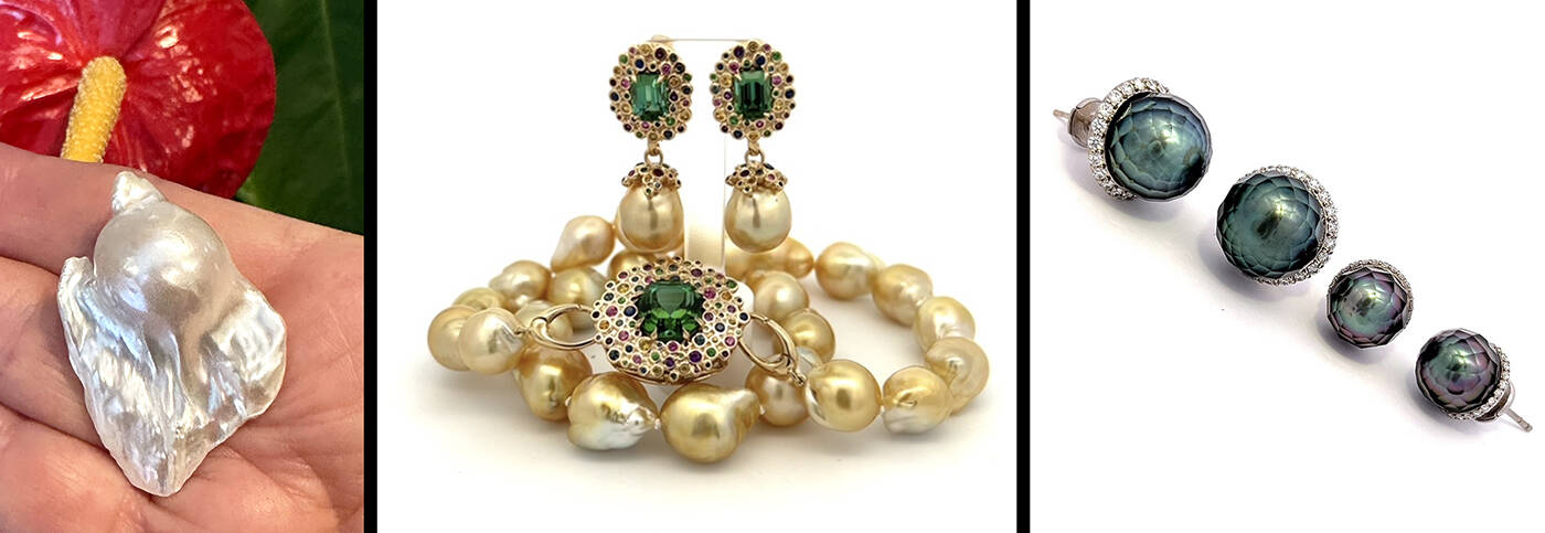When Callahan spotted this 42 mm Baroque Pearl (left) she immediately saw the flower bud and leaves, and is planning a pendant and pin. Gold Baroque Pearls (center) with a removable pendant and matching earrings. Faceted Peacock Pearls (right) show off a range of colors including teal, mauve black and gold.