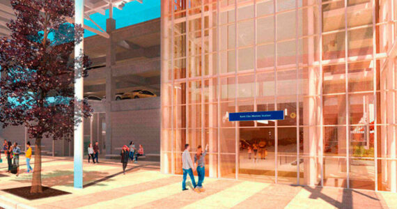 A rendering of the new light rail station in Kent, near Pacific Highway South and 30th Avenue South, that will be called Kent Des Moines Station along the extension from SeaTac to Federal Way scheduled to open in 2026. COURTESY IMAGE, Sound Transit