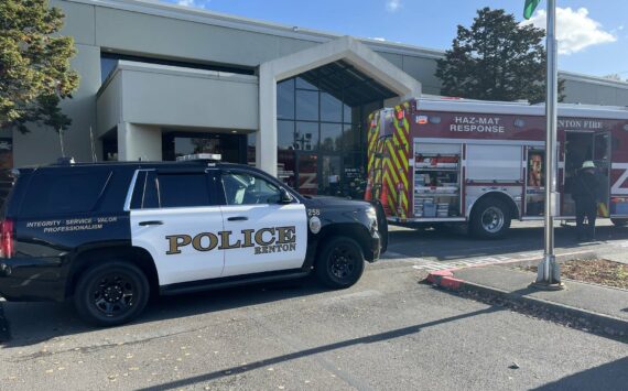 Renton police and fire and hazmat crews arrived at the scene of the King County Elections building at 919 Southwest Grady after receiving reports of an unknown substance delivered to the building. According to Sara Morris of the Renton Regional Fire Authority, an employee discovered white powder in a parcel. (Courtesy of the Renton Regional Fire Authority.)