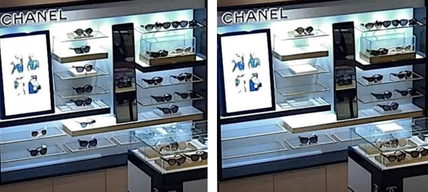 Nordstrom’s Chanel sunglasses rack prior to theft with 21 sunglasses (left) and after theft with 9 sunglasses (right). (Courtesy of court documents.)
