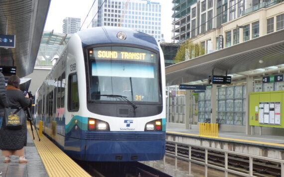 Train heading north from the Downtown Bellevue Station will cross over I-405 to the Wilburton Station. (Cameron Sires/Sound Publishing)