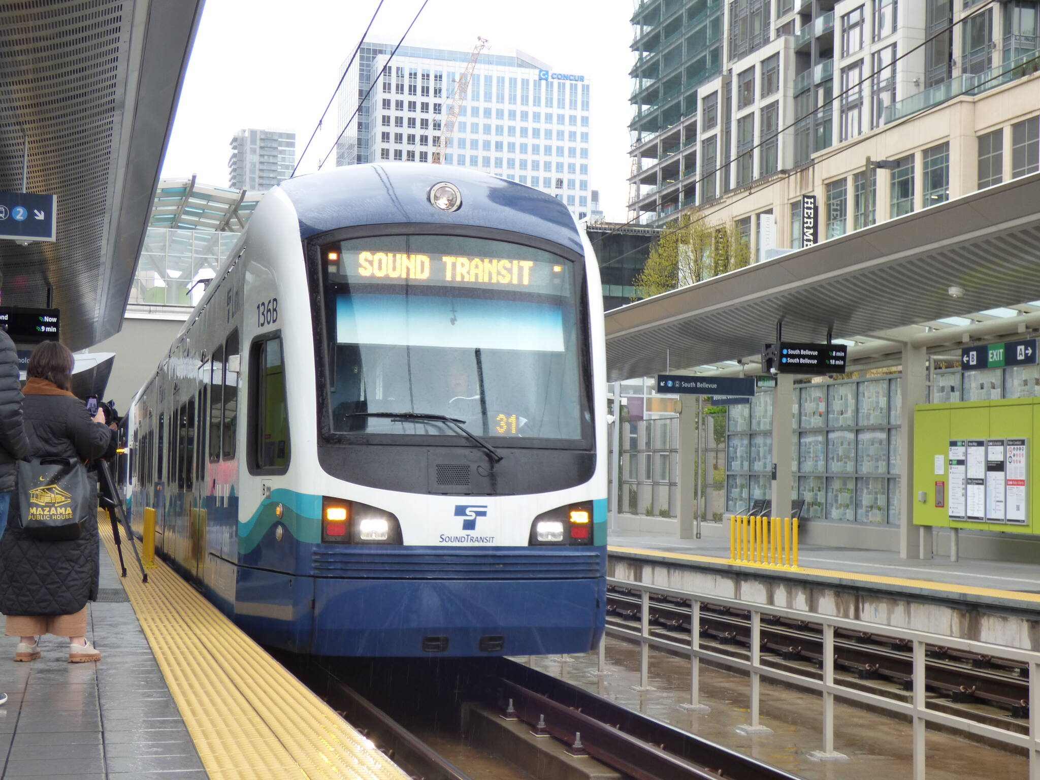 Train heading north from the Downtown Bellevue Station will cross over I-405 to the Wilburton Station. (Cameron Sires/Sound Publishing)