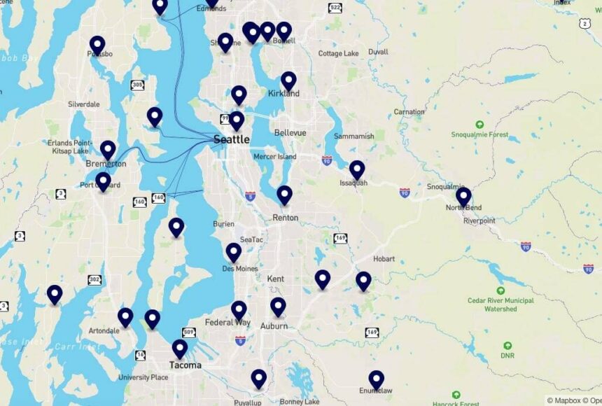 <p>Map of some scheduled protests in the Puget Sound area. (Screenshot courtesy of nokings.org)</p>