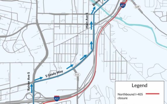 A signed detour route will divert northbound I-405 traffic through Renton. Photo provided by the city of Renton