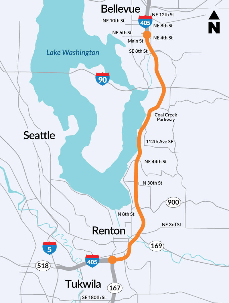 The I-405/Renton to Bellevue Widening and Express Toll Lanes Project will cause a closure of Southbound lanes this week. Photo provided by the Washington Department of Transportation