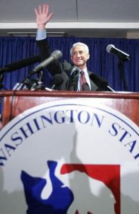 U.S. Rep. Dave Reichert waves to the crowd  Tuesday night at a Republican Party election night party at the Hyatt Regency hotel in Bellevue.