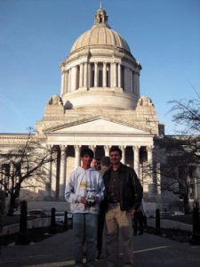 Seventh grader Rahul Bhardwaj stands with his father