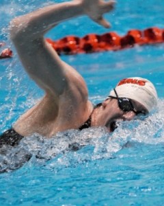 Sammamish's Nate Gockel swims in the consolation heat of the 100-yard freestyle event at the Washington State boys 3A swim championship at the King County Aquatic Center in Federal Way on Saturday
