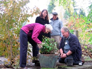 Master Gardner Mark Sevonty watches as Kathy Bainbridge plants a pot in memory of her husband