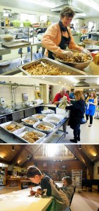 Top:Marianne Langenbach mixes stuffing as the kitchen bustles behind her to make Thanksgiving meals at St. Thomas Episcopal Church in Medina on Wednesday. Middle: Tim Davidson