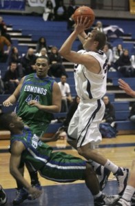 BCC's Blake Pankow goes to the net during the Bulldogs 64-46 victory over Edmonds Community College on Jan. 7 in Bellevue.