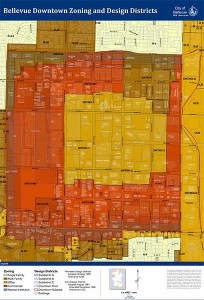 This map shows Bellevue's current downtown zoning and design districts.