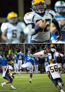 Top: Bellevue LB Will Fields (22) returns a fumble for a defensive touchdown in the first half at Liberty.  Bottom: Bellevue LB John Kanongata'a