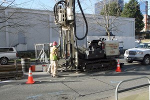 Sound Transit crews drill on 110th Avenue in downtown Bellevue. More fieldwork