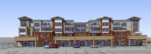 Rendering shows residential units atop a retail base at what is planned to be an urban-commercial village.