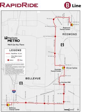 Proposed route of Metro's RapidRide B Line from Bellevue to Redmond.