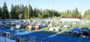 Tents fill the football field at Interlake High School on Saturday afternoon as participants gather for a Relay for Life event to fight cancer.