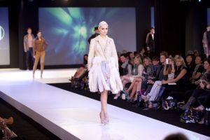 A model shows pieces from Carole McClellan's collection during the Independent Designer Runway Show.