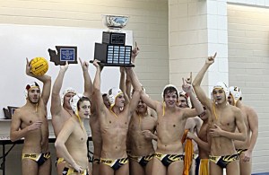The Bellevue water polo team celebrates its state title.