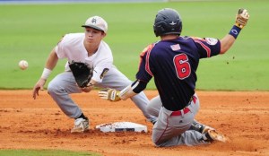Matt Sinatro receives a throw during a game at the American Legion World Series.