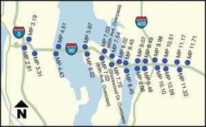 Map shows placement of new electronic highway signs for eastbound lanes on I-90.