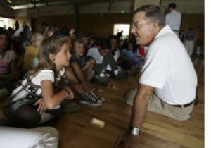 Astronaut Jim Voss chats with Open Window School student Jessica Blanksteen before the Sept. 17 presentation in Bellevue. Cosmonaut Anatoli Artsebarsky joined Voss at the event.