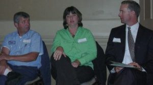 Regional officials in the transportation sector speak about green challenges during a break-out session at a recent Sustainable Green Symposium event at the Bellevue Club. (From left: Jack Devine