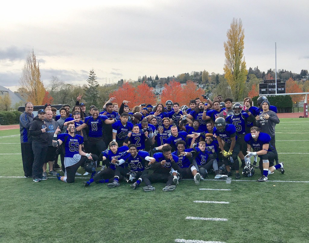The Eastside Bulldogs celebrate following their comeback 36-32 victory against the Lewis-Clark Valley Loggers in the Northwest Junior College football league championship game on Nov. 6 at Renton Memorial Stadium.                                Photo courtesy of Brittany Hoffman/Eastside Bulldogs