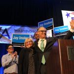 Re-elected Governor Jay Inslee celebrates with his wife, Trudi (Allison DeAngelis/staff photo).