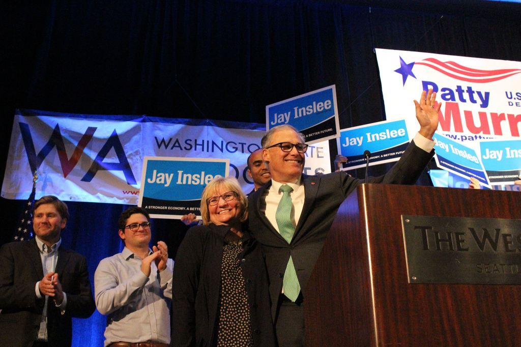 Re-elected Governor Jay Inslee celebrates with his wife, Trudi (Allison DeAngelis/staff photo).