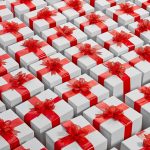 Infinite row of gift boxes wrapped in red ribbon