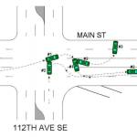 A police visual showing the chain of events that lead to the 2014 crash. Police officer Steven Sargent (car #1) was traveling eastbound on Main Street when he was struck by a police cruiser driven by officer Eric Lee (car #2). The force propelled Sargent&rsquo;s car into the Kobayashi family&rsquo;s vehicle (car #3), pushing them backwards (Image courtesy of the Bellevue Police Department).