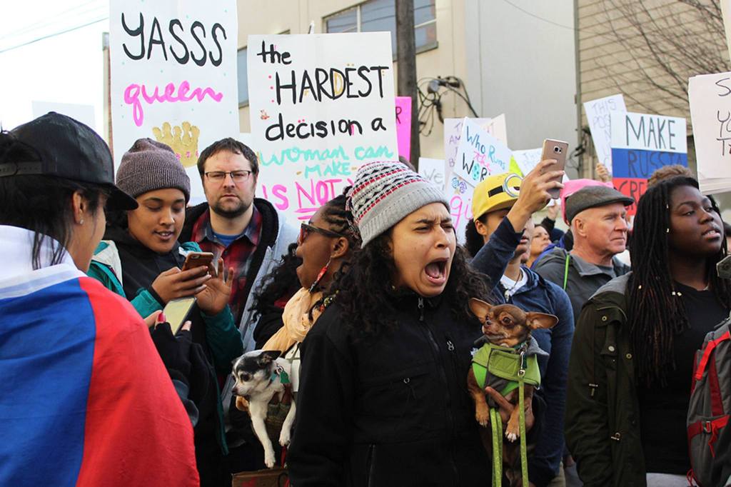 A woman marching on Jan. 21 yells a chant &mdash; &ldquo;Our bodies, our choice&rdquo; (Allison DeAngelis/staff photo).