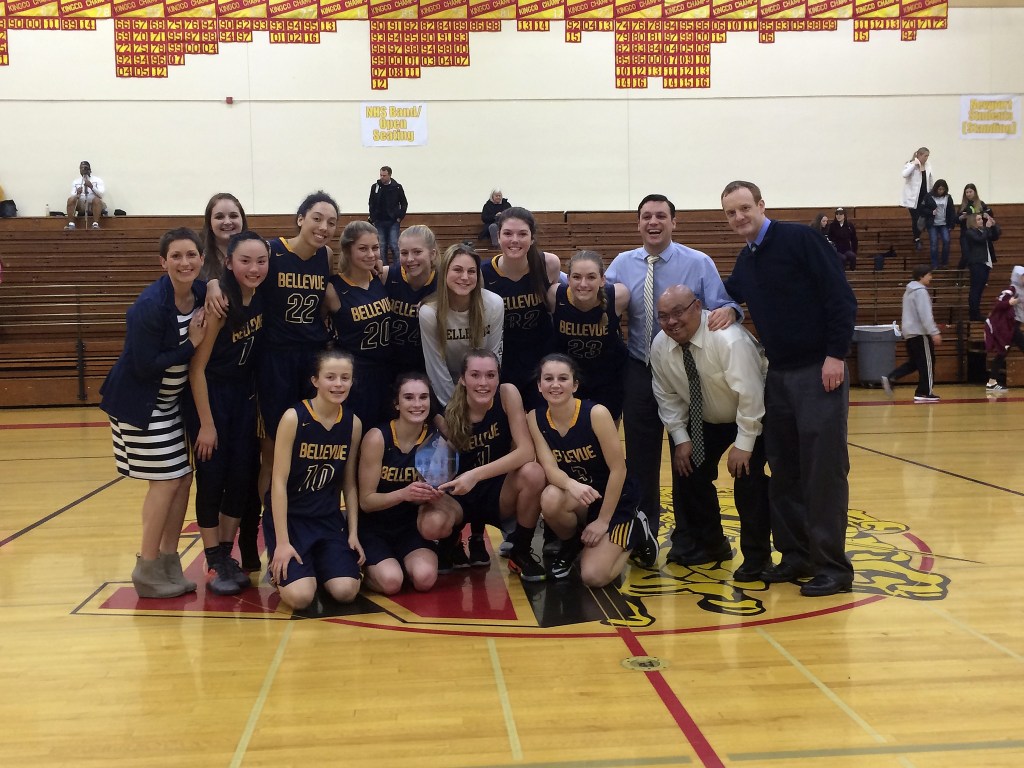 Shaun Scott, staff photo                                The Bellevue Wolverines girls basketball team defeated the Mercer Island Islanders 49-45 in the Class 3A KingCo title game on Feb. 9 at Newport High School in Factoria.