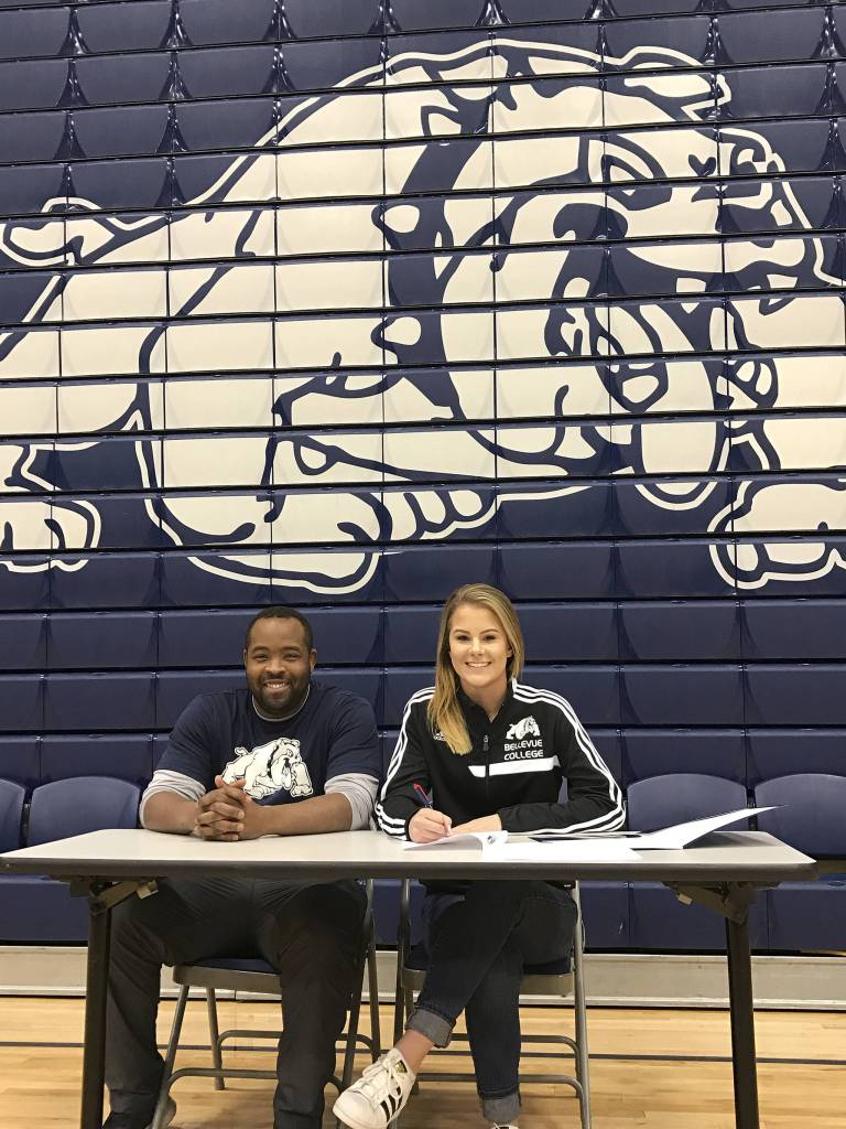 Photo courtesy of Charlotte Starck                                Skyline Spartans senior Sarah Hall will play collegiate soccer for the Bellevue College Bulldogs. Hall, who plays midfielder and defender, took part in a signing day ceremony with Bulldogs&rsquo; head coach Richard Romaine-Dika in February.