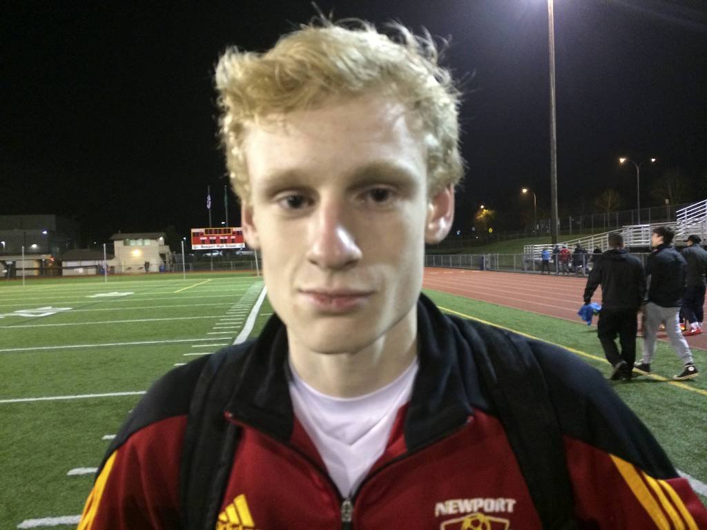 Shaun Scott, staff photo                                Newport Knights sophomore soccer player Ryan Smith scored his first-ever varsity goal in the 25th minute against the Bellevue Wolverines. Newport defeated Bellevue 2-1 in the season opener for both teams on March 13 at Newport High School in Factoria.