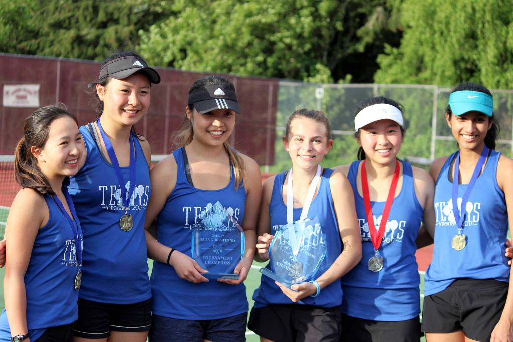 Photo courtesy of Kim Long                                The Interlake Saints girls tennis team won the KingCo 3A tennis tournament on May 10 at Mercer Island High School.