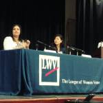 State Senate candidates Manka Dhingra, left, and Jinyoung Lee Englund, center, at Monday&rsquo;s League of Women Voters debate in Redmond. Aaron Kunkler/Redmond Reporter