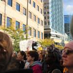 Protesters filled Bellevue Way outside the Hyatt during DeVos&rsquo; visit. Nicole Jennings/staff photo
