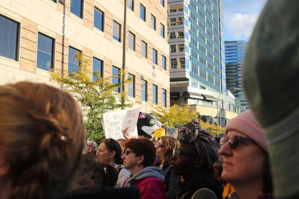 Protesters filled Bellevue Way outside the Hyatt during DeVos&rsquo; visit. Nicole Jennings/staff photo