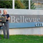 Bellevue Deputy City Manager Kate Berens (left) and environmental planning manager Heidi Bedwell accept the SolSmart Bronze award on behalf of the organization. The honor recognizes cities who have worked to encourage solar energy use within the community. Photo courtesy of city of Bellevue