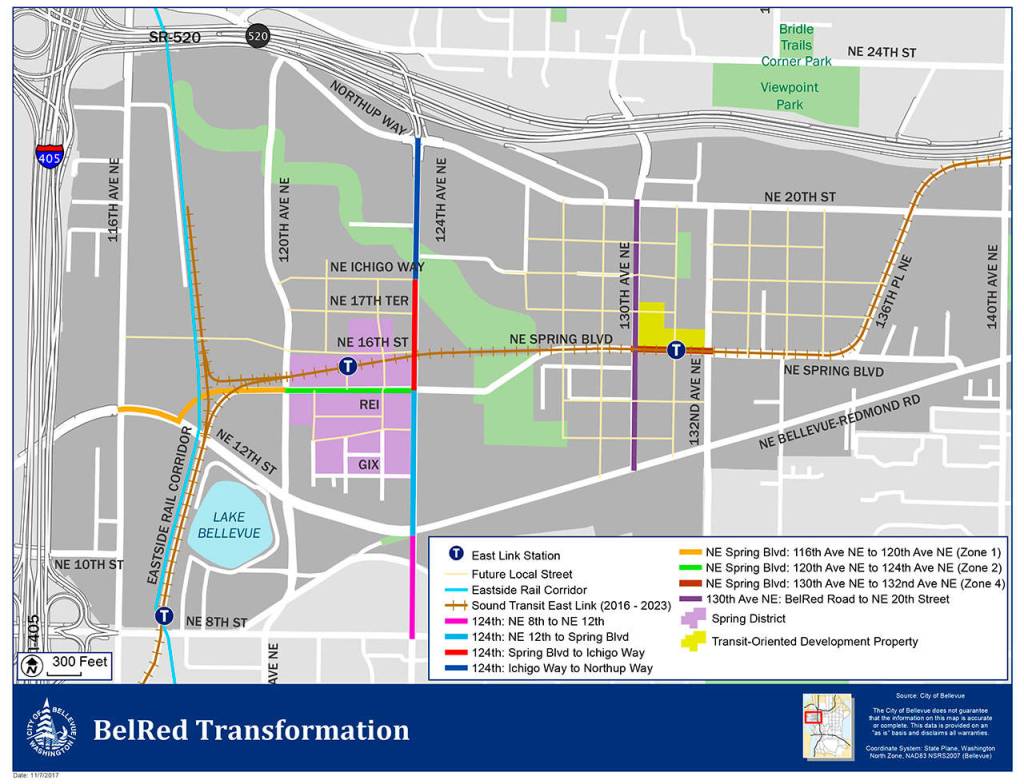 A map of the completed and proposed transportation projects in the BelRed neighborhood. Map courtesy of city of Bellevue