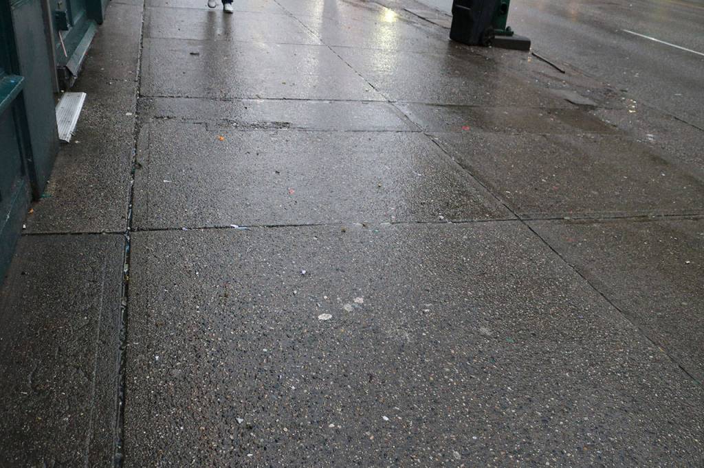 This is the sidewalk outside of Insite. At Issaquah City Council meetings last fall, people stated during public comment that East Hasting Street near Insite was covered with discarded needles. Nicole Jennings/staff photo