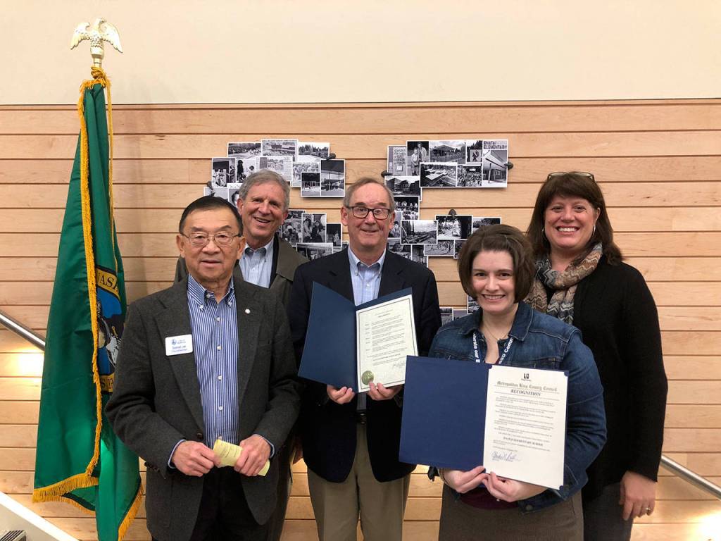 Enatai Elementarys 65th anniversary was celebrated by 300 in the community, including (left to right) Councilmember Conrad Lee; Enatai alumnus and former Bellevue School Board Member Steve Miller; Mayor John Chelminiak; Principal Amy MacDonald; County Councilmember Claudia Balducci. Photo courtesy of Lisa Benko