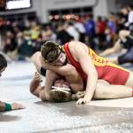 Photo courtesy of Don Borin/Stop Action Photography                                Newport 285-pound senior Charlie Baumann pins Emerald Ridge sophomore Jonah Mains in the first round of the Mat Classic Class 4A 285-pound tournament on Feb. 16. Baumann caught Mains in one of his favorite moves, the head and arm.