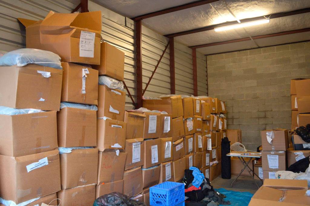 Stacks of boxes just like this fill four storage units of donated goods for the HopeFest on March 3. Alize Asplund/UW News Lab