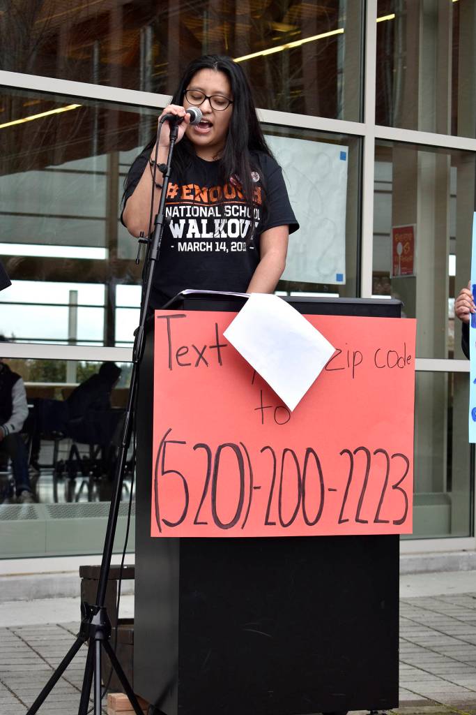 Sofia Larrondo, a Bellevue High School junior, speaks at Bellevue High Schools National School Walkout on March 14. Raechel Dawson/staff photo