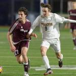 Photo courtesy of Patrick Krohn/Patrick Krohn Photography                                Bellevue sophomore Jed Michael, right, and Mercer Island midfielder Luca Mtskhetadze, left, battle for possession of the ball. Bellevue and Mercer Island battled to a 0-0 tie on March 23 in Bellevue.