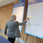 Land Use Planner Mark Brennan puts up notes written by community members about what services they would like to see at a potential shelter in the city. Evan Pappas/Staff Photo