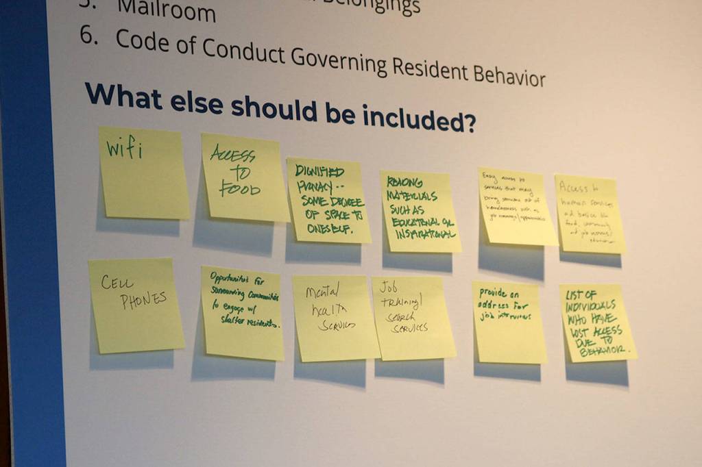 Various suggestions made by community members on what types of services a successful homeless shelter should have. Evan Pappas/Staff Photo